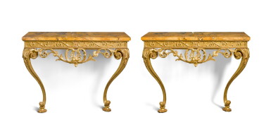 View full screen - View 1 of Lot 45. A PAIR OF GEORGE III CARVED GILTWOOD CONSOLE TABLES, CIRCA 1770.