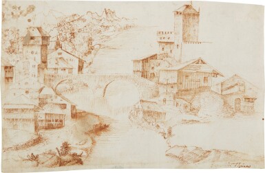 View full screen - View 1 of Lot 7. Recto: River landscape with buildings and a bridge Verso: A Townscape.