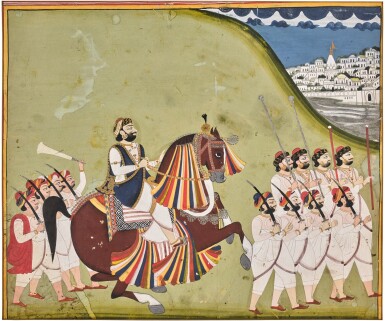 View full screen - View 1 of Lot 76. A ROYAL PROCESSION WITH A MAHARAJA ON HORSEBACK, RAJASTHAN, JODHPUR, 19TH CENTURY.