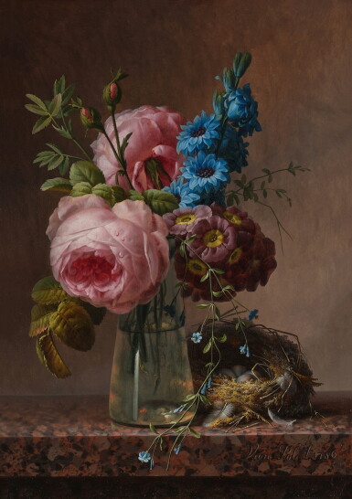 View full screen - View 1 of Lot 92. Still Life with Roses, Primula, and Delphinium in a Glass Vase, with a Bird's Nest on a Marble Ledge.