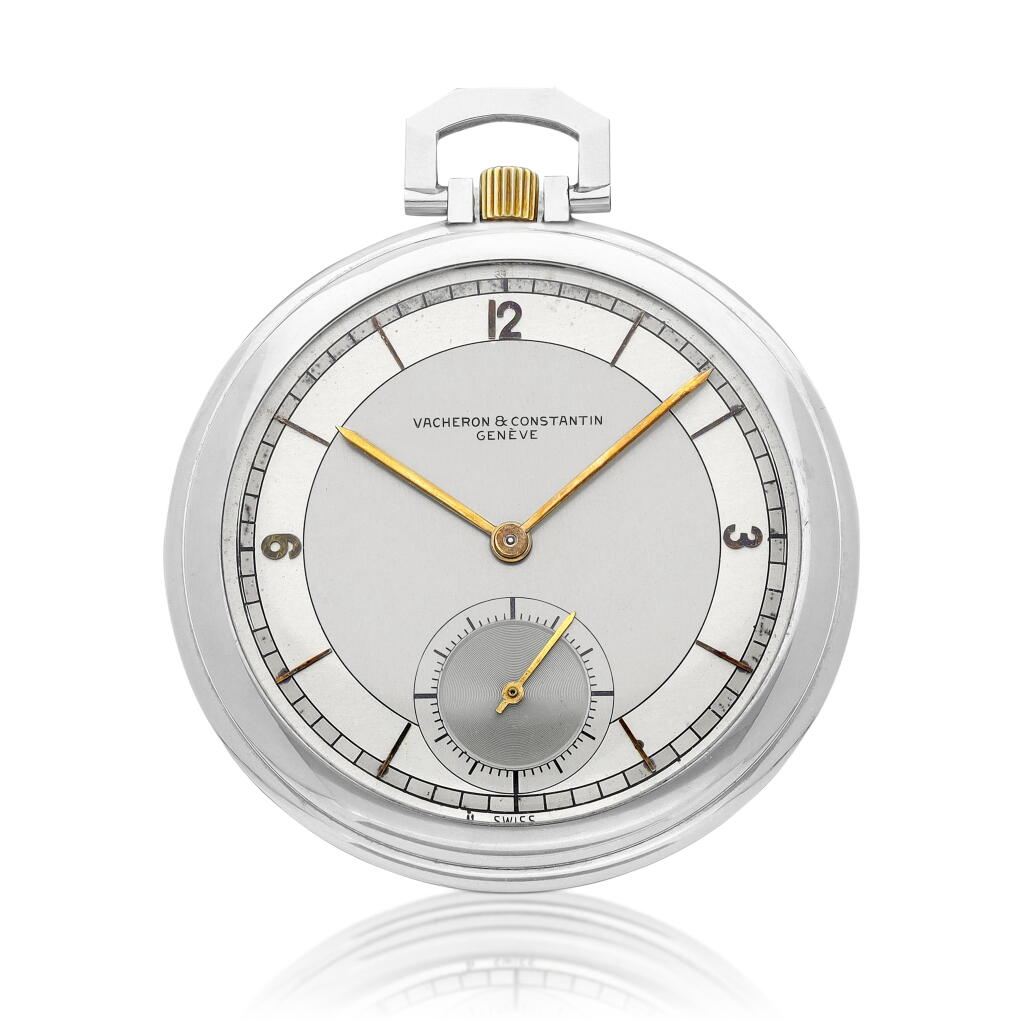 View full screen - View 1 of Lot 8727. Reference 51463 | A stainless steel openface keyless watch with two tone sector dial, Circa 1950 | 江詩丹頓 型號51463 | 精鋼懷錶,備雙色錶盤,約1950年製.