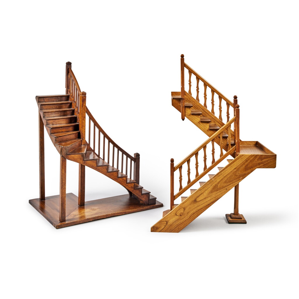 Voir en plein écran - Voir 1 du lot 248. Two Carved Walnut Architectural Models of Staircases.