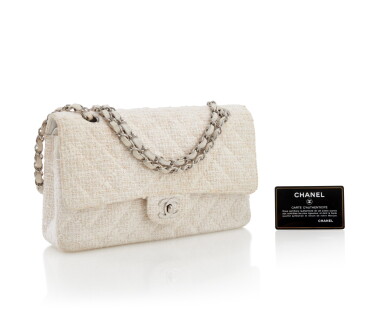 View full screen - View 1 of Lot 130. CHANEL | IVORY TWEED AND LEATHER WITH SILVER-TONE METAL CLASSIC FLAP BAG .