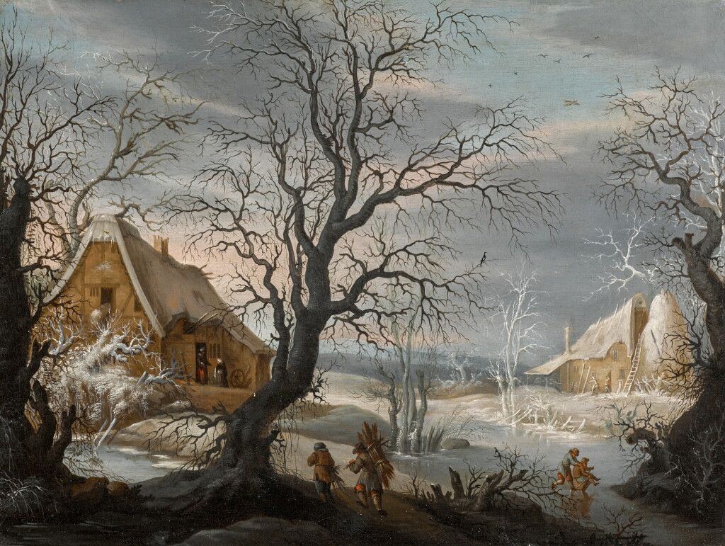 View full screen - View 1 of Lot 44. DUTCH SCHOOL, 18TH CENTURY | A winter landscape with figures gathering wood by a frozen lake.