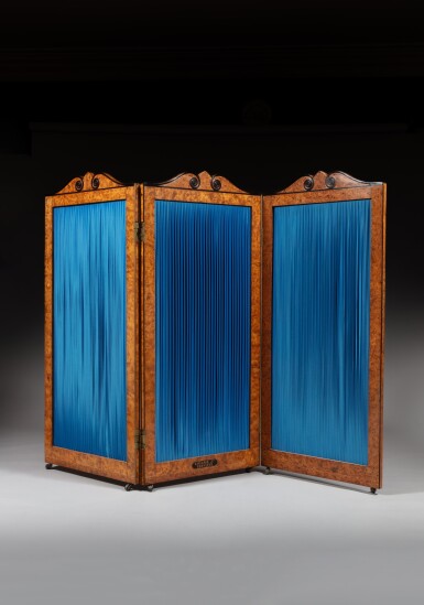 View full screen - View 1 of Lot 218. A Charles X elm burl, amaranth, maple veneered and brass three-leaf folding screen, circa 1822–1825, by Louasse Jeune.