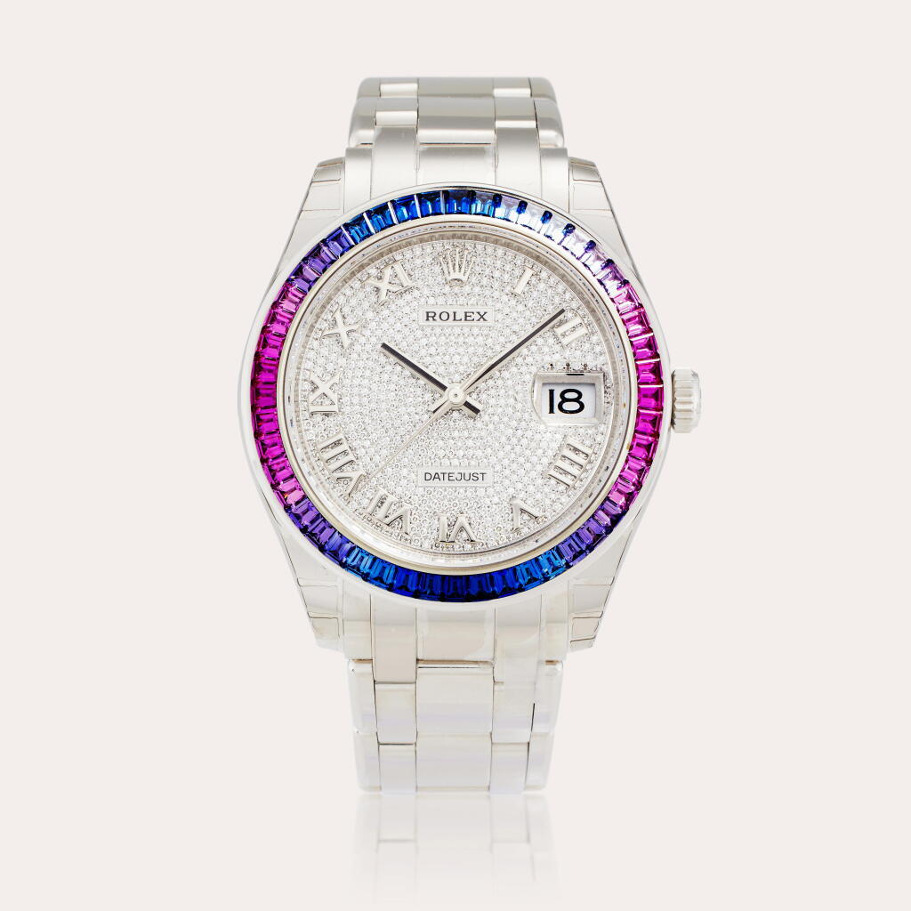 View full screen - View 1 of Lot 61. Retailed by Asprey of London: Reference 86349SAFUBL Datejust Pearlmaster | A white gold multicolored sapphire and diamond-set automatic wristwatch with date and bracelet, Circa 2019.