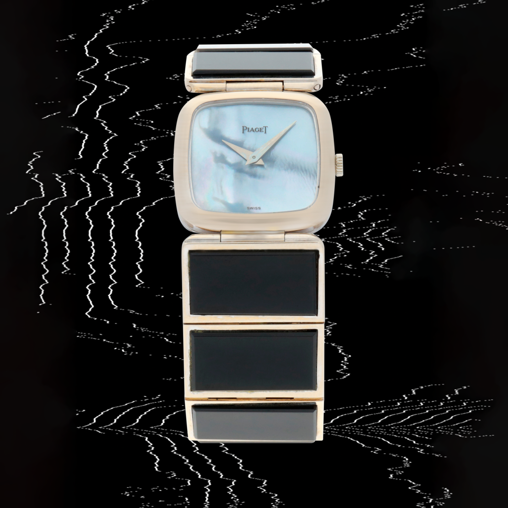 View full screen - View 1 of Lot 17. Black-Tie, Reference 9902 | A white gold and onyx bracelet watch with mother-of-pearl dial | Circa 1980.