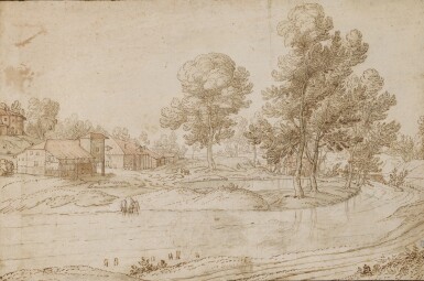 View full screen - View 1 of Lot 241. A Landscape with Houses on the Bank of a River.