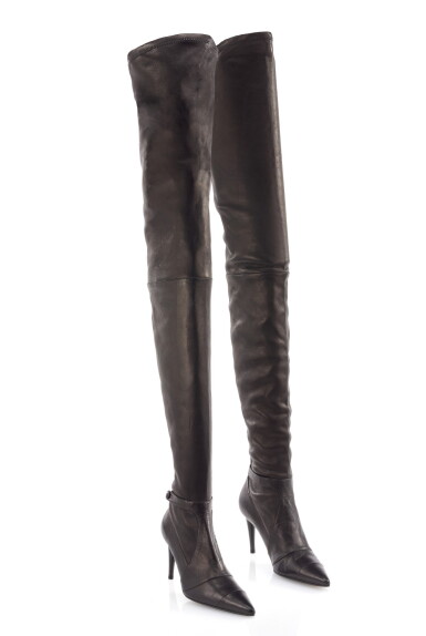 View full screen - View 1 of Lot 38. PAIR OF BLACK LEATHER THIGH HIGH BOOTS, CHANEL.