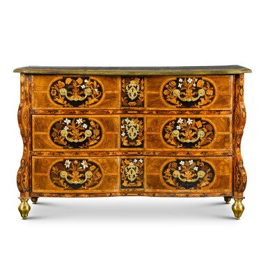 View full screen - View 1 of Lot 20. A Louis XIV gilt-bronze mounted bone, walnut, ebony and fruitwood floral marquetry commode, circa 1720, attributed to Thomas Hache.