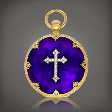 View full screen - View 1 of Lot 839. A yellow gold, diamond and blue enamel-set hunting case keyless watch with enamel dial, Retailed by Tiffany & Co., Circa 1859 | 百達翡麗 | 黃金鑲鑽石及藍色琺瑯獵殼懷錶,備琺瑯錶盤,由 Tiffany & Co. 發行,約1859年製.