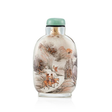 View full screen - View 1 of Lot 3056. An Inside-Painted Glass 'Equestrians in a Landscape' Snuff Bottle By Zhang Baotian, Dated Wuxu Year, Corresponding to 1898 | 戊戌(1898年) 張葆田作玻璃內畫狩獵圖鼻煙壺 《戊戌秋月張葆田作》款.
