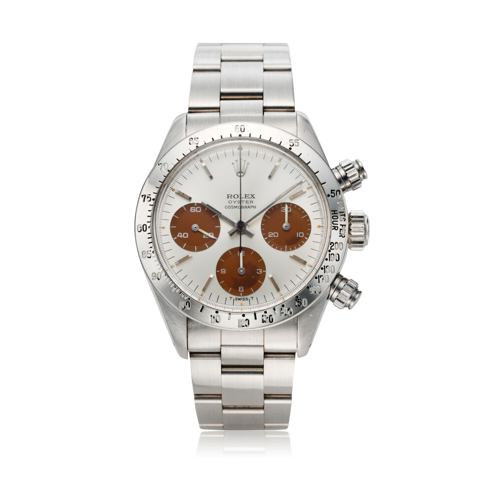 View full screen - View 1 of Lot 216. Reference 6265 Daytona A stainless steel chronograph wristwatch with bracelet and tropical registers, Made for the Peruvian Airforce, Circa 1973.