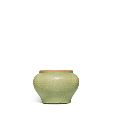 View full screen - View 1 of Lot 137. A carved 'Longquan' celadon-glazed 'lotus' jar (Guan), Ming dynasty .