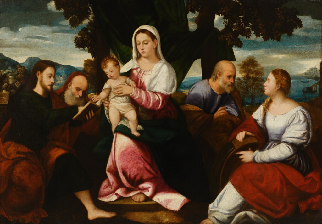 View full screen - View 1 of Lot 56. Holy Family with Saints James, Jerome, Peter, and Catherine.
