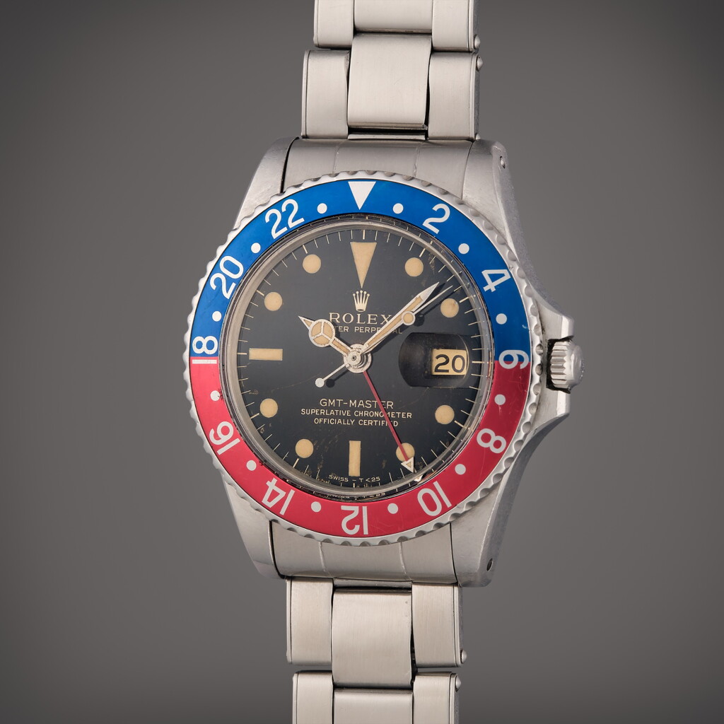 View full screen - View 1 of Lot 318. Reference 1675 GMT-Master ‘Pepsi’ | A stainless steel automatic dual time wristwatch with date and bracelet, Circa 1966.