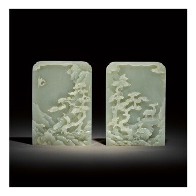 View full screen - View 1 of Lot 235. A PAIR OF CELADON JADE TABLE SCREENS, QING DYNASTY, QIANLONG PERIOD.