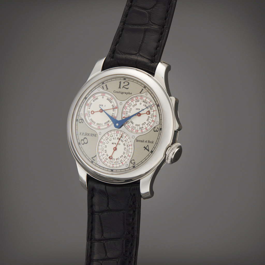 View full screen - View 1 of Lot 28. Centigraphe Souverain | A platinum chronograph wristwatch with 100th of a second, 20 seconds and 10 minute registers, Circa 2009 | F.P.Journe Centigraphe Souverain 鉑金計時腕錶備百分之一秒、20秒及10分鐘顯示,製作年份約 2009.