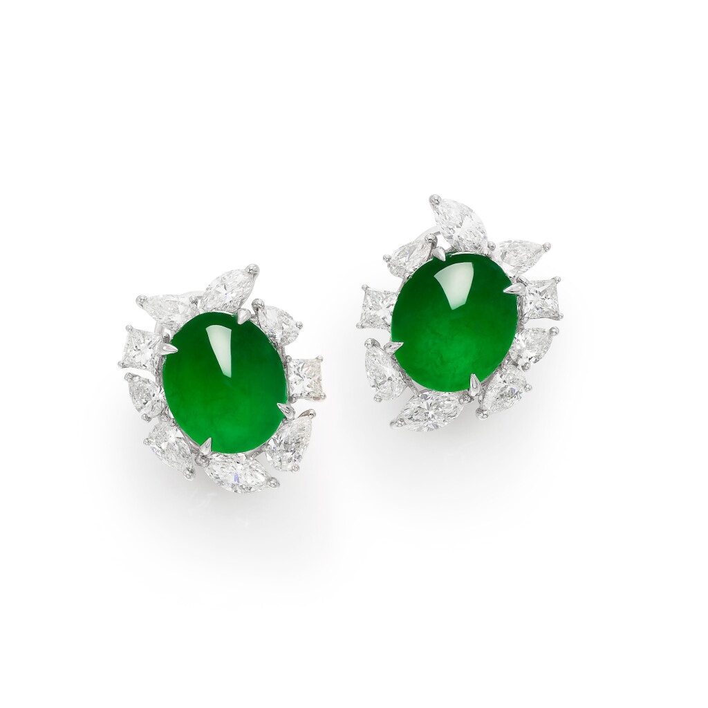 View full screen - View 1 of Lot 1832. Pair of Jadeite and Diamond Earrings | 天然翡翠 配 鑽石 耳環一對.