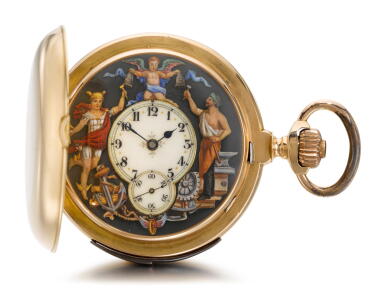 View full screen - View 1 of Lot 1122. SWISS | YELLOW GOLD QUARTER REPEATING HUNTING CASED KEYLESS LEVER WATCH WITH AUTOMATON CIRCA 1900.