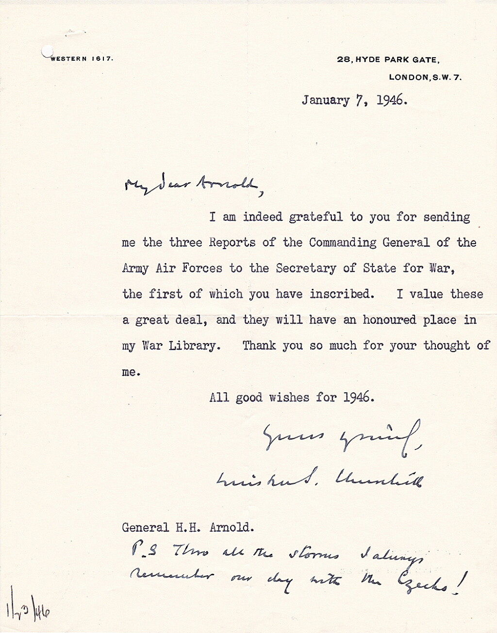 View full screen - View 1 of Lot 65. Winston S. Churchill | Typed letter signed ("Winston Churchill") to Lieutenant General H.H. (”Hap”) Arnold, 7 January 1946.