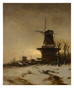 CONSTANT ARTZ | A WINDMILL AND A VILLAGE ON THE EDGE OF A SNOWY MEADOW