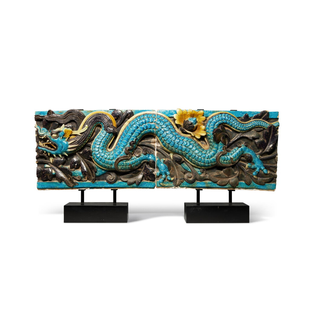 View full screen - View 1 of Lot 629. Two sancai-glazed 'dragon' tiles, Ming dynasty | 明 三彩龍紋壁磚一對.