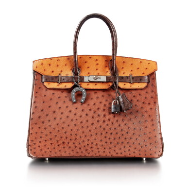 View full screen - View 1 of Lot 8349. Marron Fonce, Cognac and Chocolat Ostrich Birkin 35 Palladium Hardware, 2007 | 愛馬仕深栗紅色拼干邑色及巧克力色鴕鳥皮35公分柏金包,配鍍鈀金屬件,2007年.
