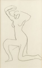 Esquisse de femme nue, genou gauche à terre, bras au-dessus de la tête
