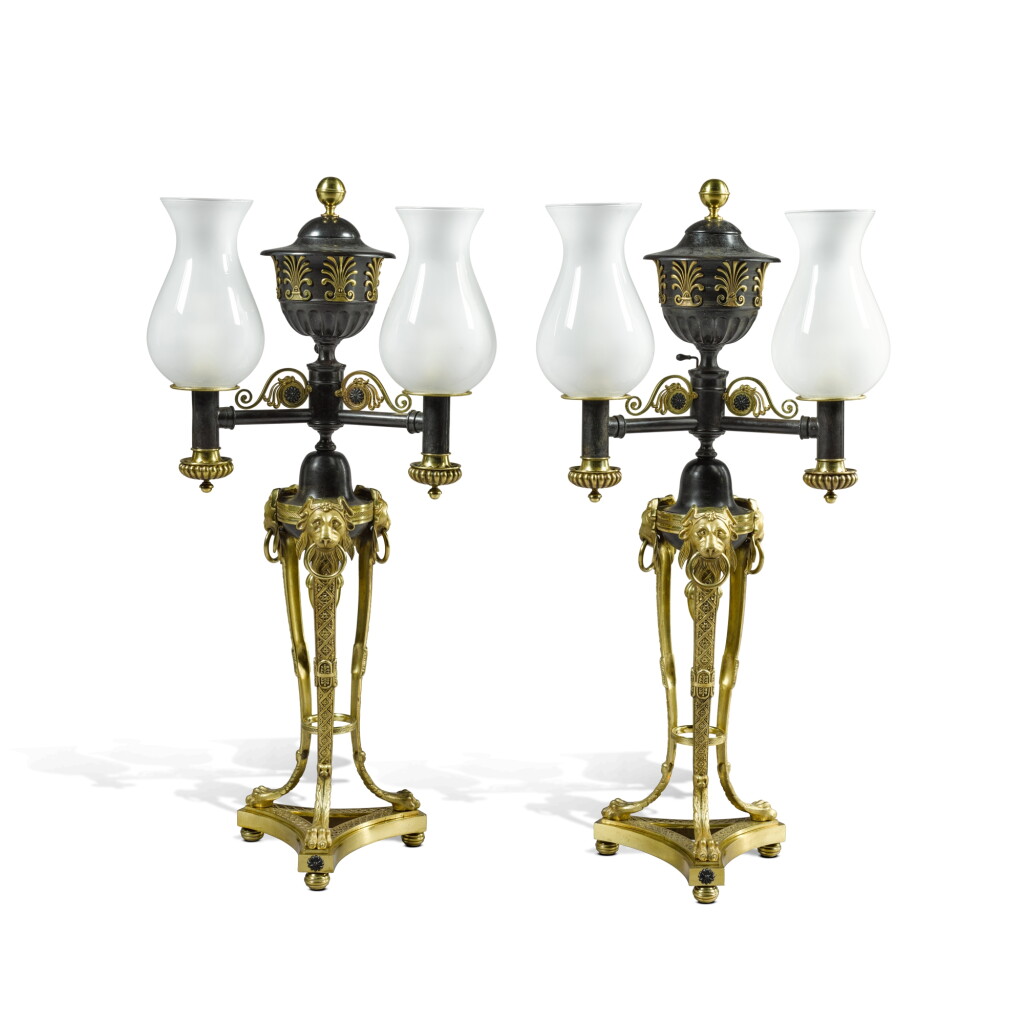 View full screen - View 1 of Lot 192. A pair of Regency gilt-brass and patinated-bronze colza 'Patent' lamps, circa 1812, attributed to Smethurst and Paul.