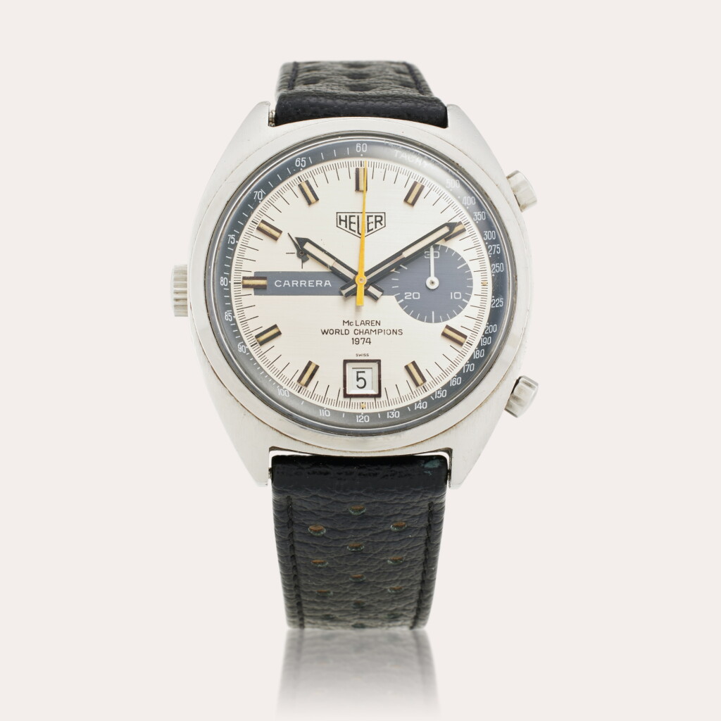 View full screen - View 1 of Lot 122. Reference 11553 Carrera ‘McLaren' | A limited edition stainless steel chronograph wristwatch with date, Made for McLaren World Champions, Circa 1974.
