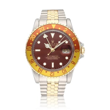 View full screen - View 1 of Lot 366. Reference 16753 GMT-Master 'Root Beer' | A stainless steel and yellow gold automatic dual time wristwatch with date and bracelet, Circa 1982.