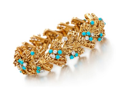View full screen - View 1 of Lot 115. TURQUOISE AND DIAMOND BRACELET, CARTIER, 1960S.