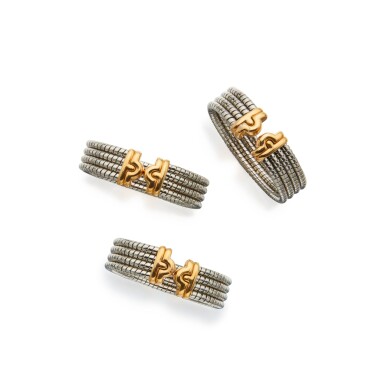View full screen - View 1 of Lot 317. Three Gold and Stainless Steel 'Parentesi' Cuff-Bracelets.