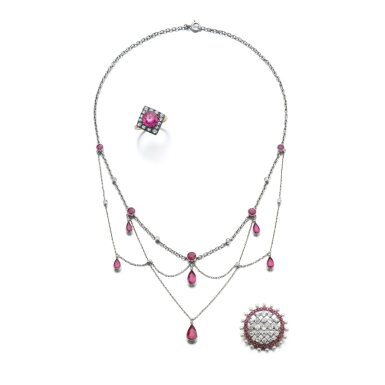 View full screen - View 1 of Lot 1058. Ruby, seed pearl and diamond brooch, circa 1910 and a collection of jewels.