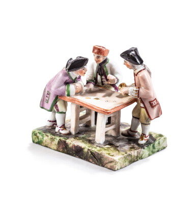 View full screen - View 1 of Lot 733. A Ludwigsburg porcelain miniature figure group of the Dice Players from The Venetian Carnival Series, circa 1770.