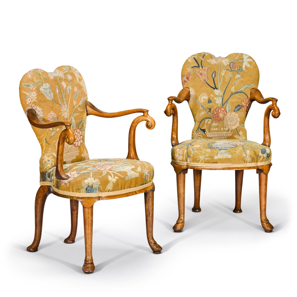 View full screen - View 1 of Lot 11. A pair of small George I walnut 'dressing' armchairs, circa 1720.