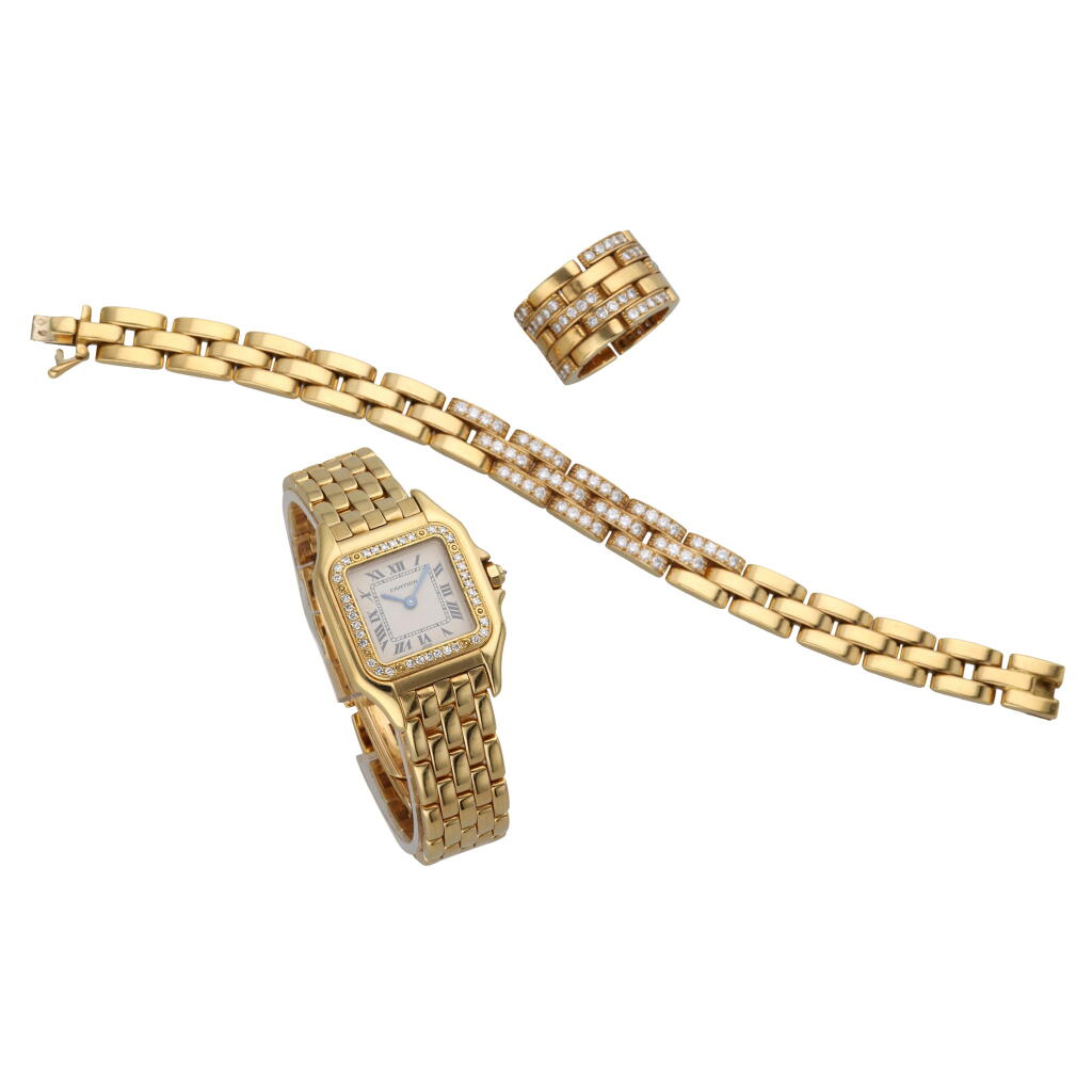 View full screen - View 1 of Lot 347. Reference 128000 M Panthere | A yellow gold and diamond-set bracelet watch with diamond-set ring and bracelet, Circa 1995.