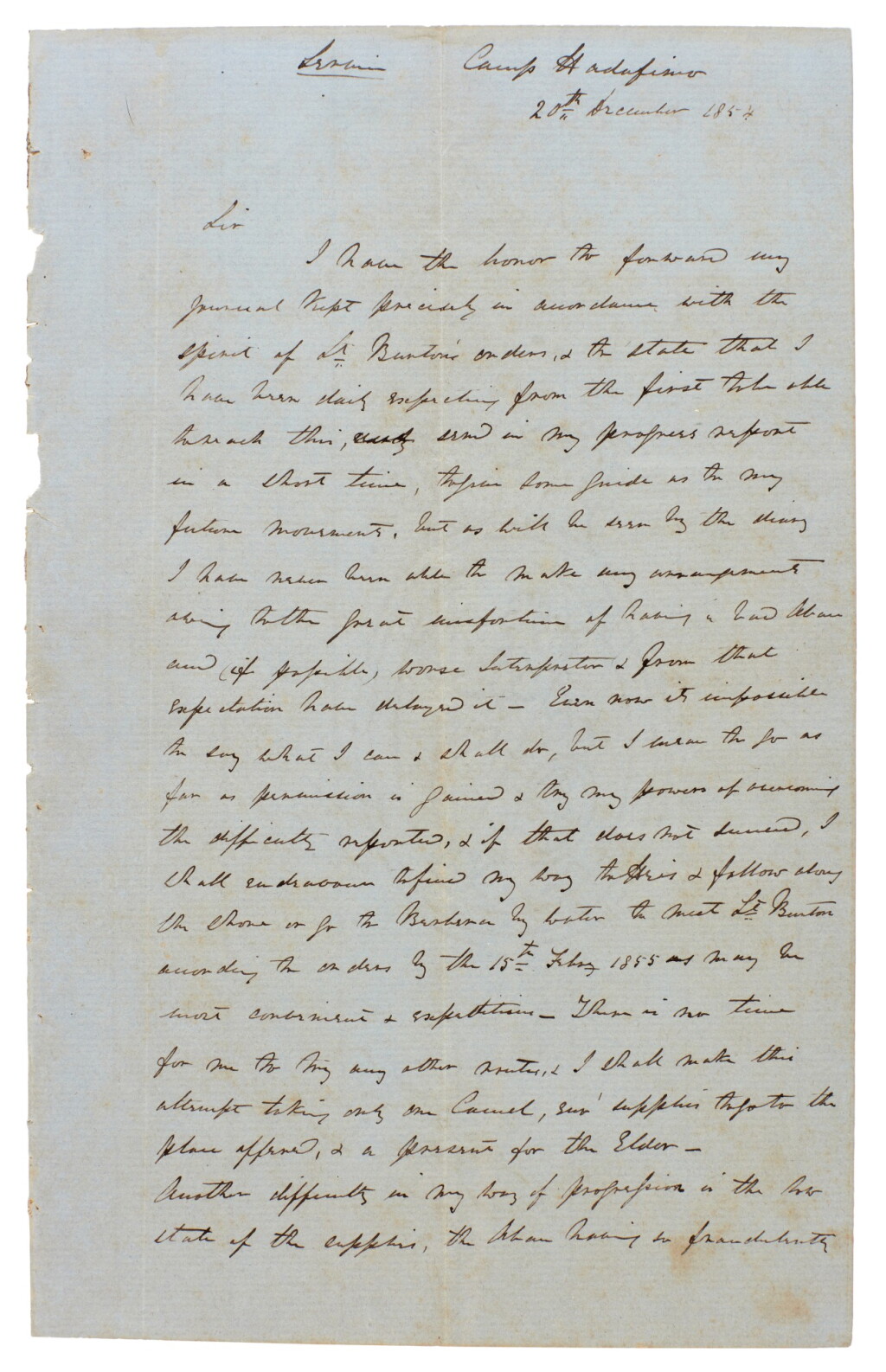 View full screen - View 1 of Lot 138. J.H. Speke | autograph letter signed, to Lt Playfair, sending his journal, 20 December 1854.