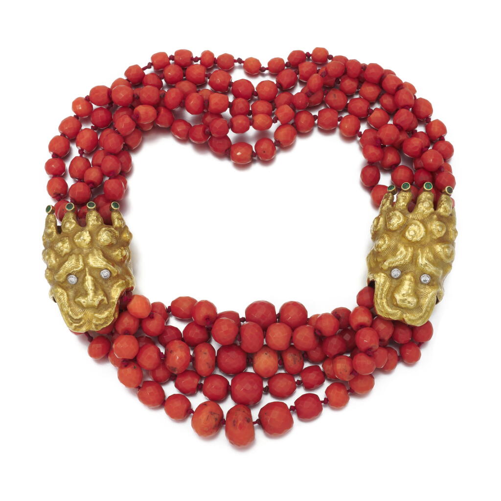View full screen - View 1 of Lot 100. Coral, emerald and diamond necklace | Collana in corallo, smeraldi e diamanti.