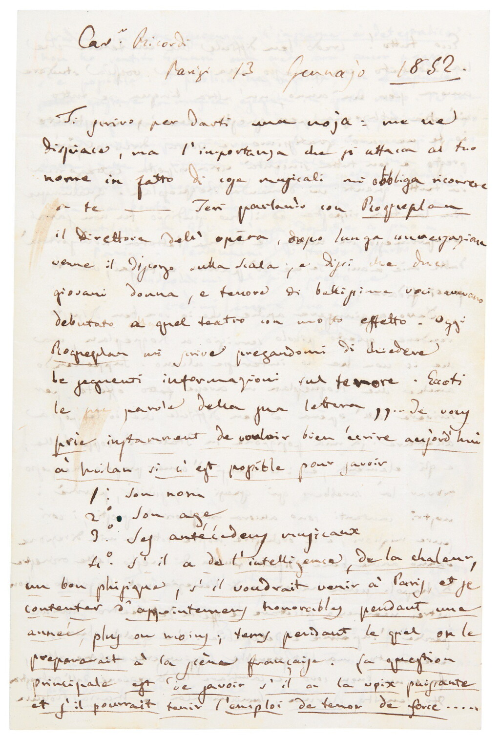 View full screen - View 1 of Lot 99. G. Verdi. Unpublished autograph letter to Giovanni Ricordi, about performances of his operas in Paris, 1852.
