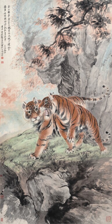 View full screen - View 1 of Lot 3144. 張善子 秋巖雙虎 | Zhang Shanzi, Tigers in Autumn Mountain.