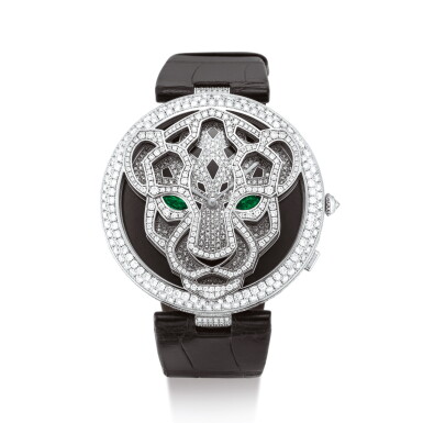 View full screen - View 1 of Lot 2140. CARTIER | LE CIRQUE ANIMALIER DE CARTIER PANTHER, REFERENCE HPI00338 A LIMITED EDITION WHITE GOLD, DIAMOND AND EMERALD-SET WRISTWATCH WITH CONCEALED BLACK ENAMEL DIAL, CIRCA 2010" | 卡地亞 | Le Cirque Animalier De Cartier Panther 型號HPI00338 限量版白金鑲鑽石及綠寶石腕錶,備隱藏式黑琺瑯錶盤,錶殼編號3238M及052/100,約2010年製".