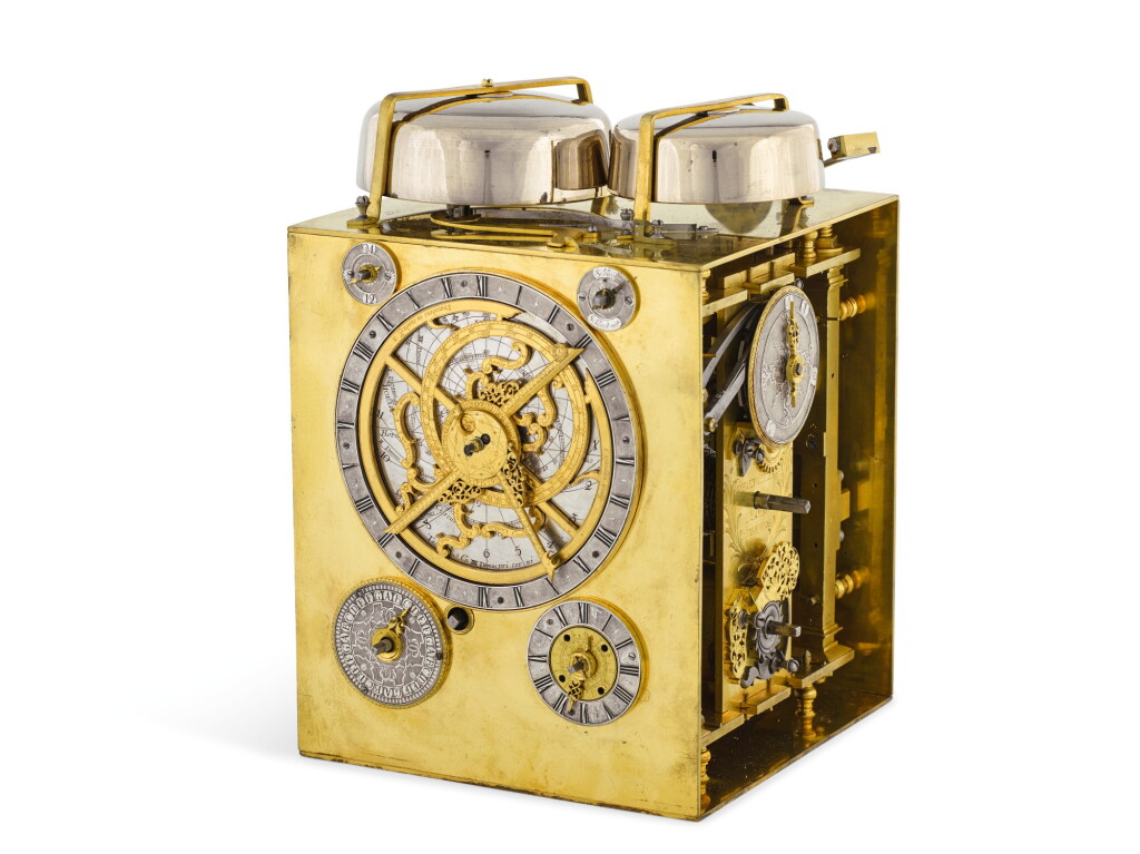 View full screen - View 1 of Lot 20. A GILT-BRASS QUARTER STRIKING ASTRONOMICAL MASTERPIECE CLOCK WITH ALARM, JOHANN PETER MAYR, AUGSBURG, CIRCA 1740, JOHANN PETER MAYR.