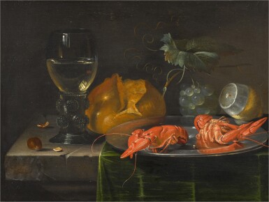View full screen - View 1 of Lot 83. JACOB MARREL | STILL LIFE WITH A ROEMER, A PLATE, TWO LOBSTERS AND FRUIT ON A COVERED TABLE.