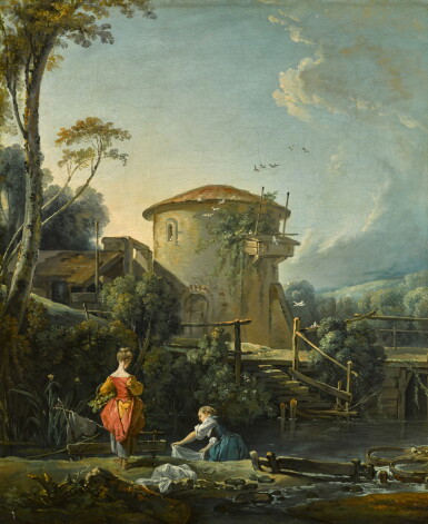 View full screen - View 1 of Lot 32. A capriccio view of a mill and a dovecote, with a washerwoman and a girl holding a basket.