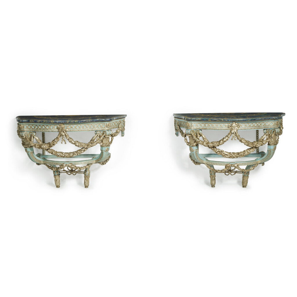 View full screen - View 1 of Lot 1060. WINDSOR: A Pair of Italian Neoclassical Style Blue Painted and Silvered Wood Console Tables, Probably by Maison Jansen .