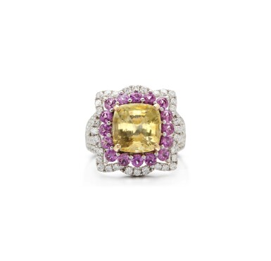 View full screen - View 1 of Lot 7. COLOURED SAPPHIRE AND DIAMOND RING.