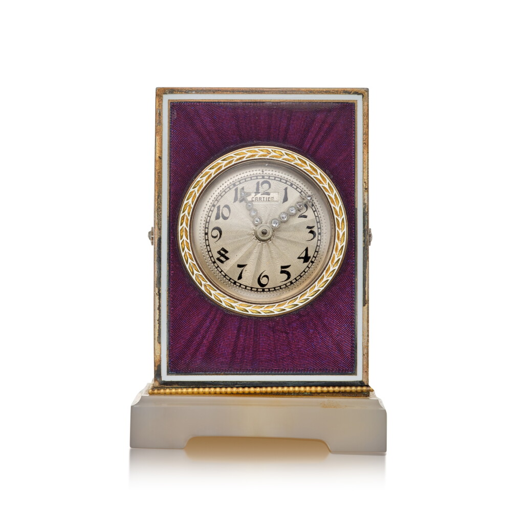 View full screen - View 1 of Lot 146. A Silver-Gilt, Enamel, Gold and Chalcedony Desk Timepiece, France.