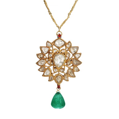 View full screen - View 1 of Lot 610. Emerald, Enamel and Diamond Pendant.